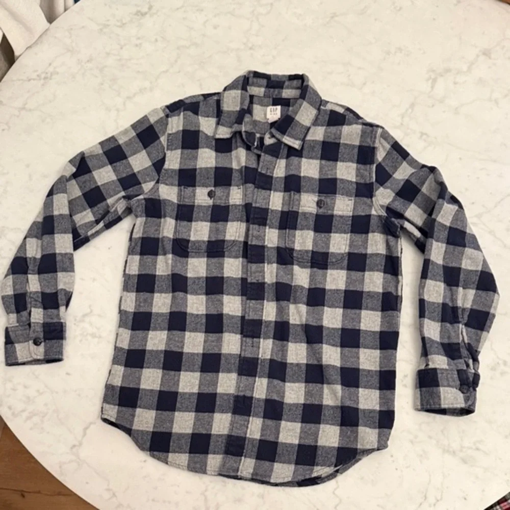 GAP Boys XL Blue Gray Plaid Flannel Shirt Missing Buttons